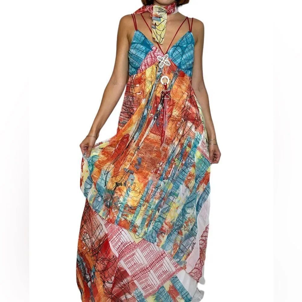 Rare Legatte Maxi Orange Blue Dress Tank Size L